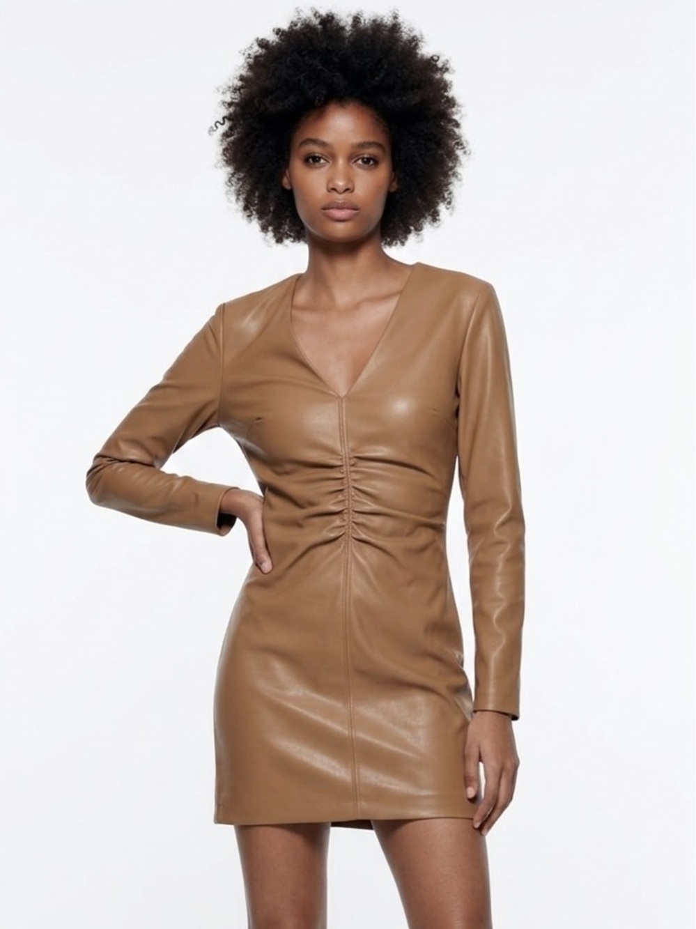 Zara Women's NWT Carmel Brown Vegan Leather V-neck Long Sleeve Mini Dress